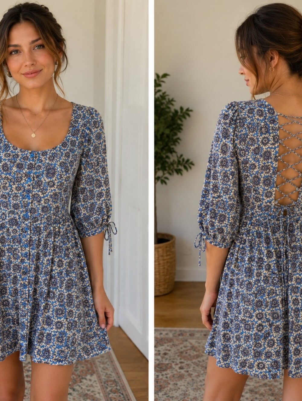 A-130 Free People XL Blue Floral Mini Dress Lace Up Back Button Front Boho